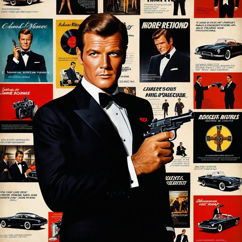 A montage of iconic scenes featuring Roger Moore as James Bond, intertwined with subtle nods to his influence on pop culture, like vintage film reels and movie posters in the background. Include cinematic elements such as a film camera, a red carpet, and a stylish martini glass. The overall ambiance should reflect the glamour of classic films, combining dynamic lighting and soft shadows to create a nostalgic yet vibrant feel. super-realistic. vibrant colors. cinematic style.