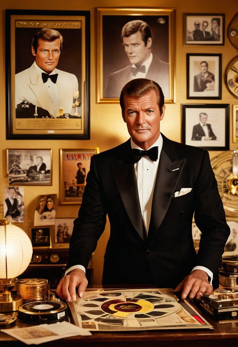 A vintage cinema setting featuring an iconic poster of Roger Moore in a suave tuxedo, surrounded by memorabilia from his famous films. The backdrop includes film reels and golden awards, symbolizing his legendary career. Include warm lighting to evoke nostalgia and a spotlight effect emphasizing the poster. vintage style. warm colors. soft focus.