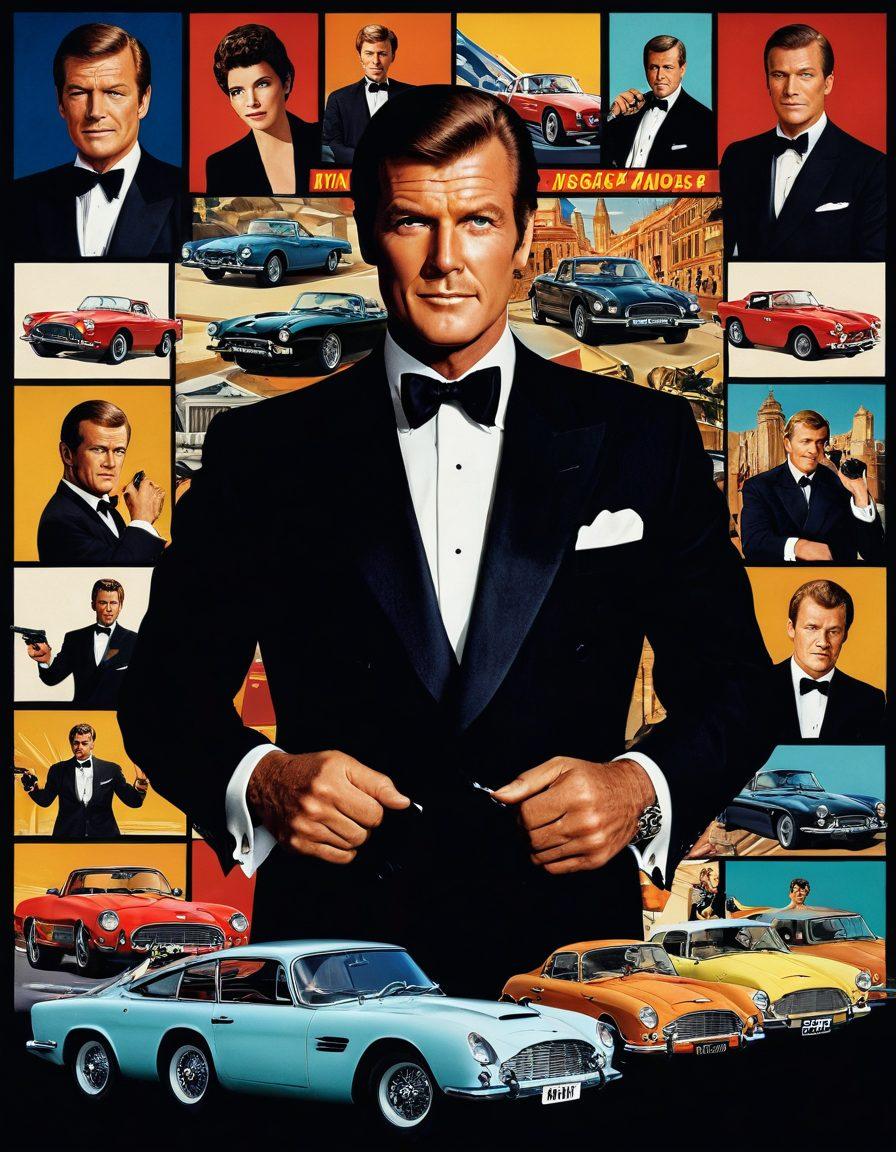 A dynamic collage showcasing Roger Moore in various iconic roles, blending a suave 007 character with vibrant scenes from classic TV shows. Include elements like a sleek Aston Martin, a stylish tuxedo, and TV screens displaying retro graphics. Surround the images with golden film reels and spotlights highlighting his multifaceted career. Capture the essence of both action and charisma. super-realistic. vibrant colors. cinematic style.